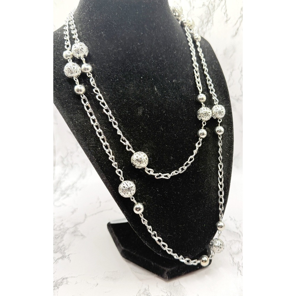 Layered Silver‎ Tone Bead Necklace Double Strand Station Necklace